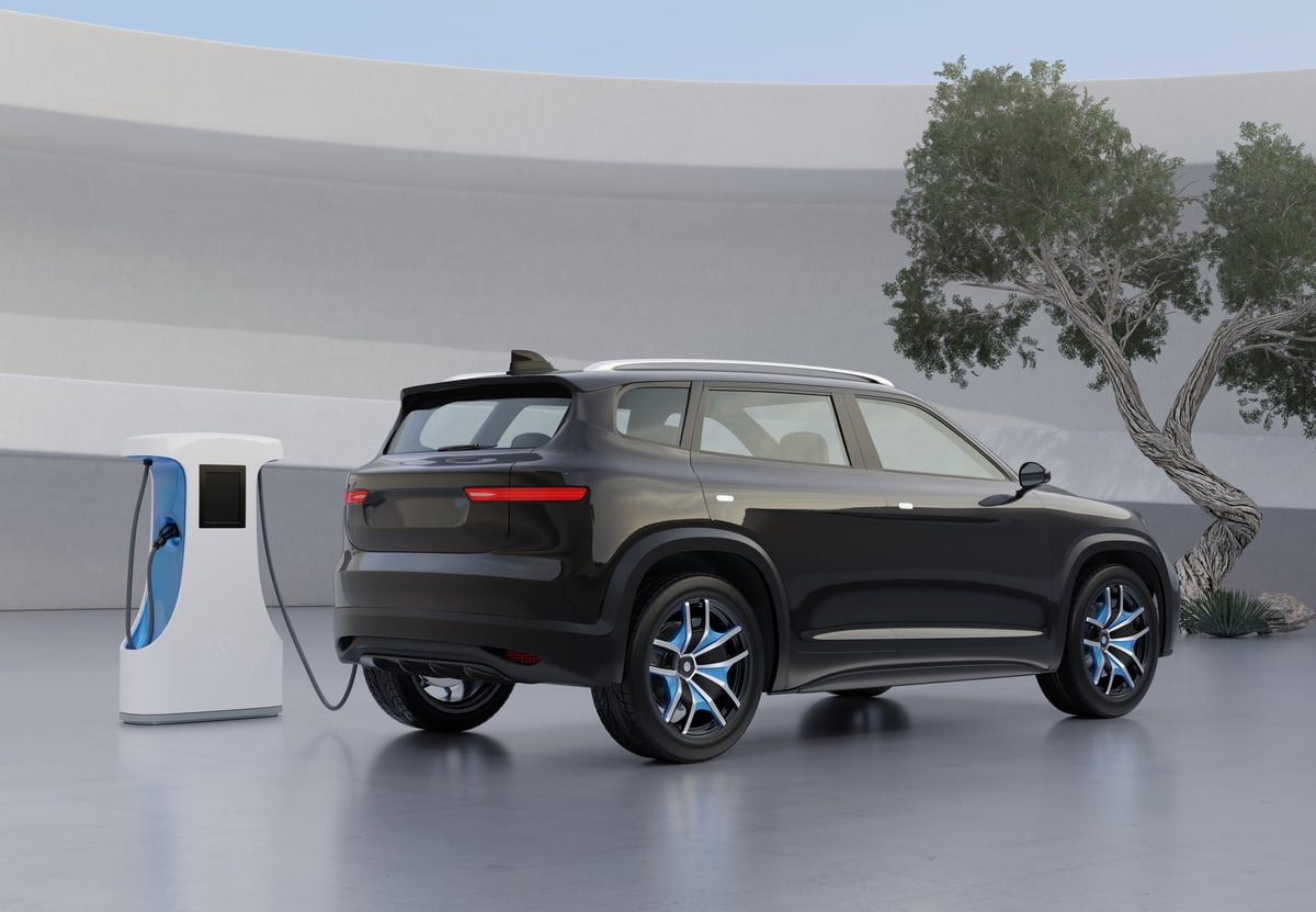Rear view of Black Electric SUV charging at charging station. Original design. 3D illustration.